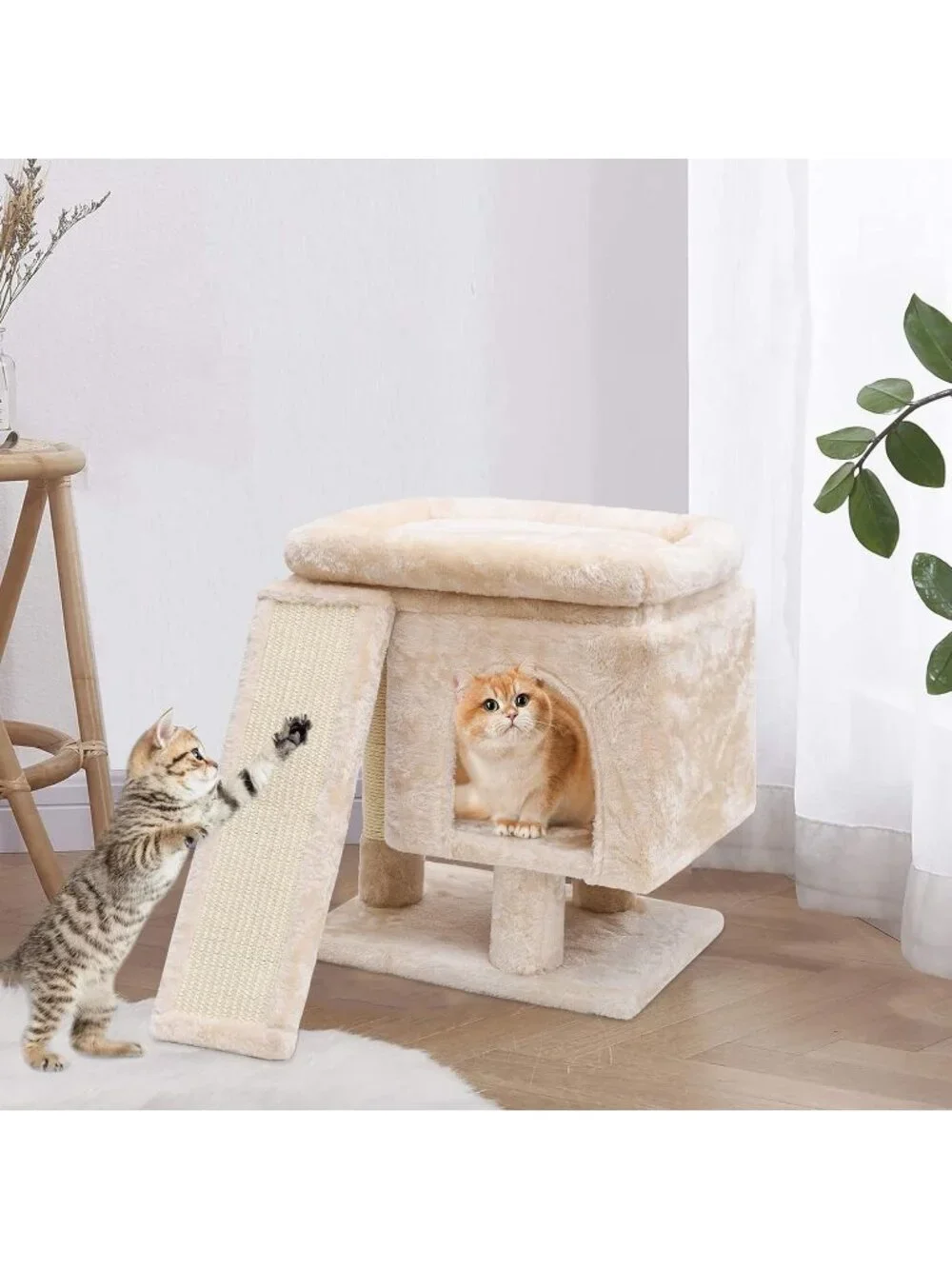 New Small Cat Tree Tower with Cave for Modern Activity for Indoor Cats (Beige)